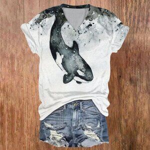 NWT Orca Print Short Sleeve Tshirt, V-neck, XL, Black and White